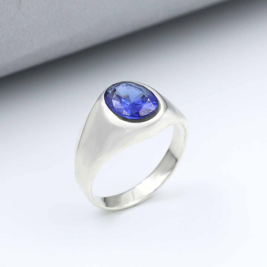 Blue Sapphire Lab Created Gemstone Ring, Mens Ring, Wedding Engagement Ring, Father Gift, Unisex Ring, 925 Sterling Silver