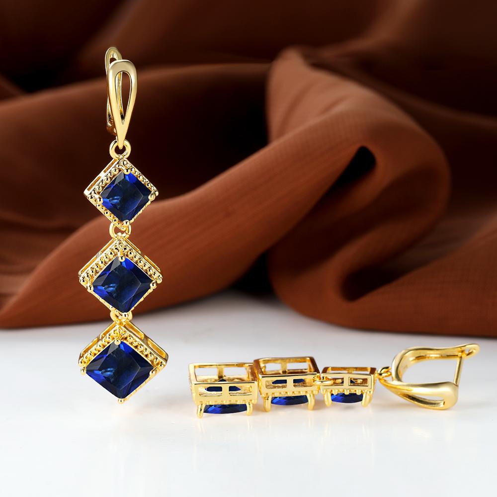 Длинные висячие серьги-крючки с синим камнем принцессы, цвет серебра, желтого золота, квадратной огранки, кольцо для невесты, обручальные украшения