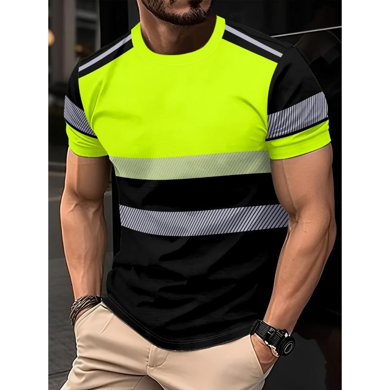 2026 Summer Men's European Style New Striped Print Soft and Breathable Round Neck T-Shirt for Casual Sports and Outdoor Wear