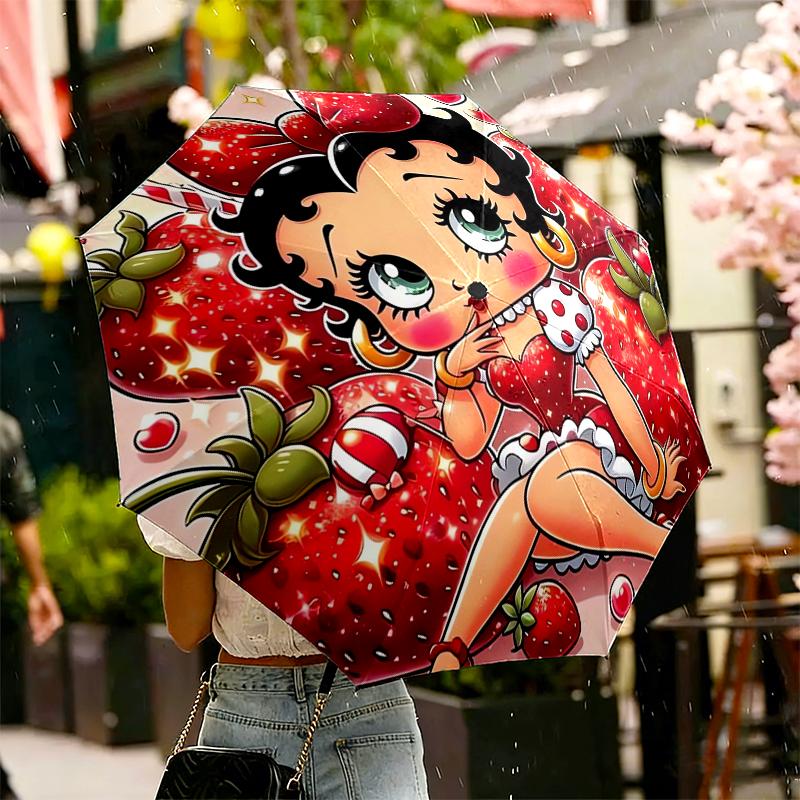 1pc Sturdy 8-Bone Auto Umbrella, Betty Boop Umbrella, Digital Printed, Foldable Umbrella for On-the-Go Outdoor Use