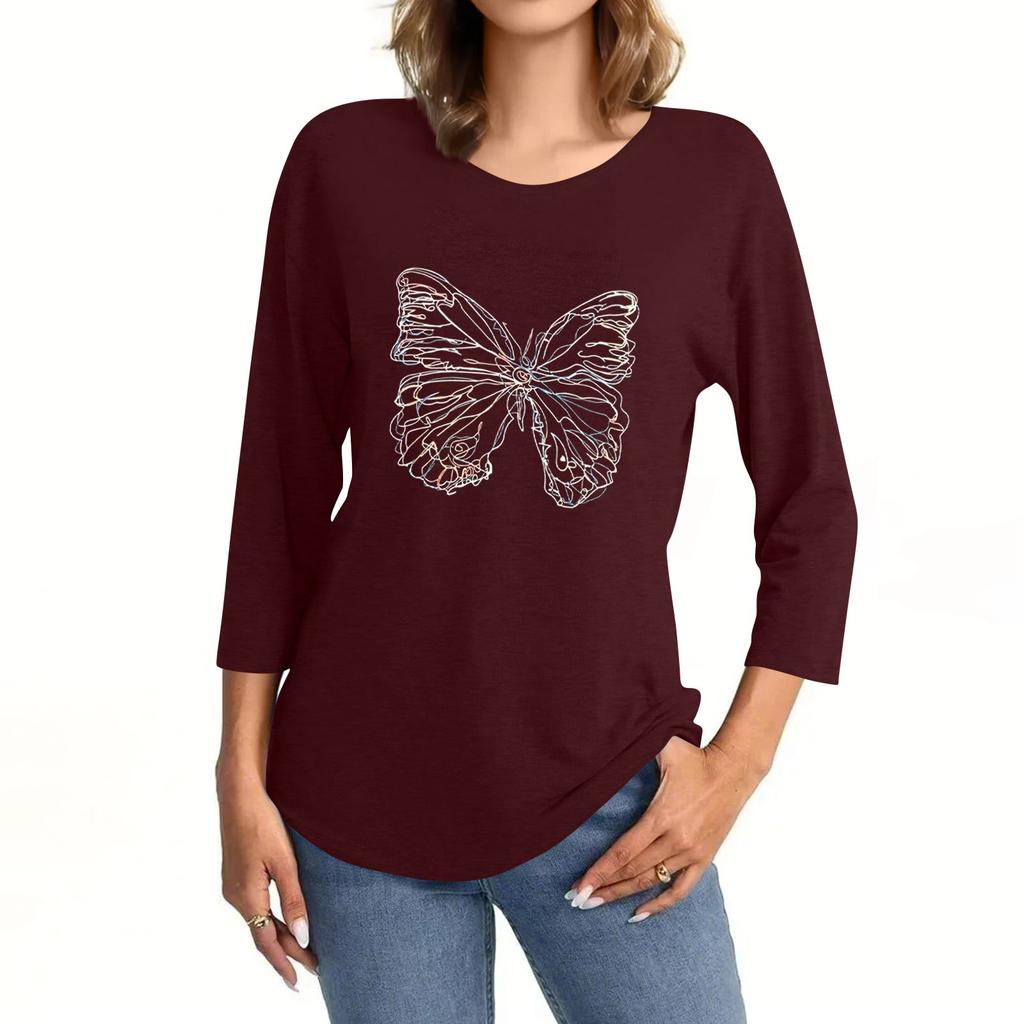 Women's Fashion Casual Seven-Point Sleeve Print Round Neck Top