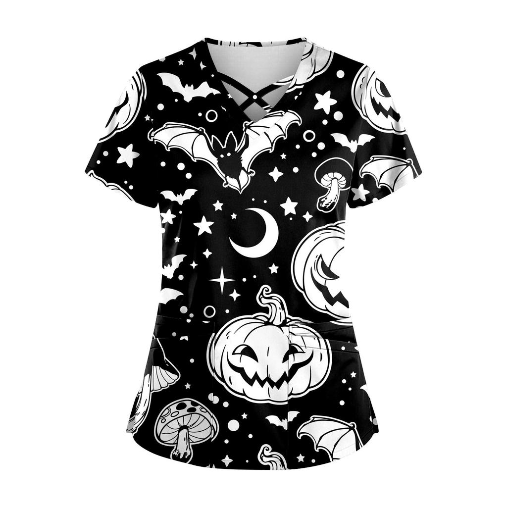 Плюс размерСкраб с принтом Рабочая форма Топы для женщин Крест V-образным вырезом Хэллоуин Принт с короткими рукавами Забавные футболки Спецодежда Футболка с карманами