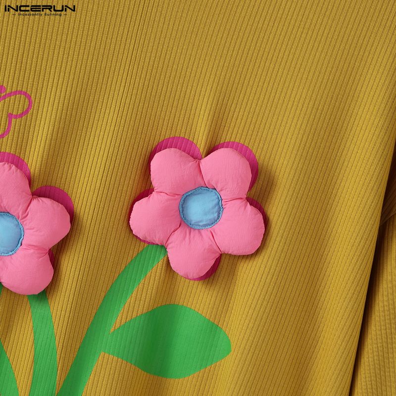 INCERUN Мужские футболки оверсайз с круглым вырезом, коротким рукавом, 3D цветочным принтом, со швами, повседневные, рубчик, топы