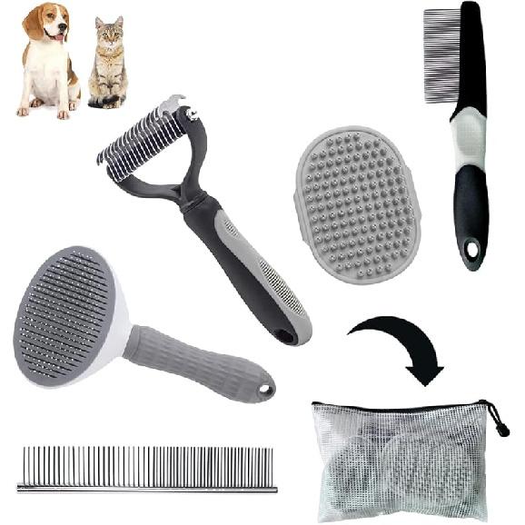 Набор для груминга собак - Щетка для линьки для короткой шерсти, Пуходерка, Гребень от блох, Набор щеток для щенков розового цвета