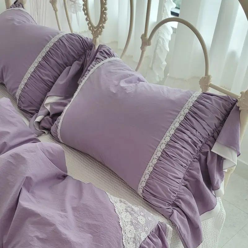 Korean Princess Style Bedding Set Stitch Lace Ruffles Bed Linen Room Decor Double Duvet Cover Set Bed Skirt Pillow Cases
