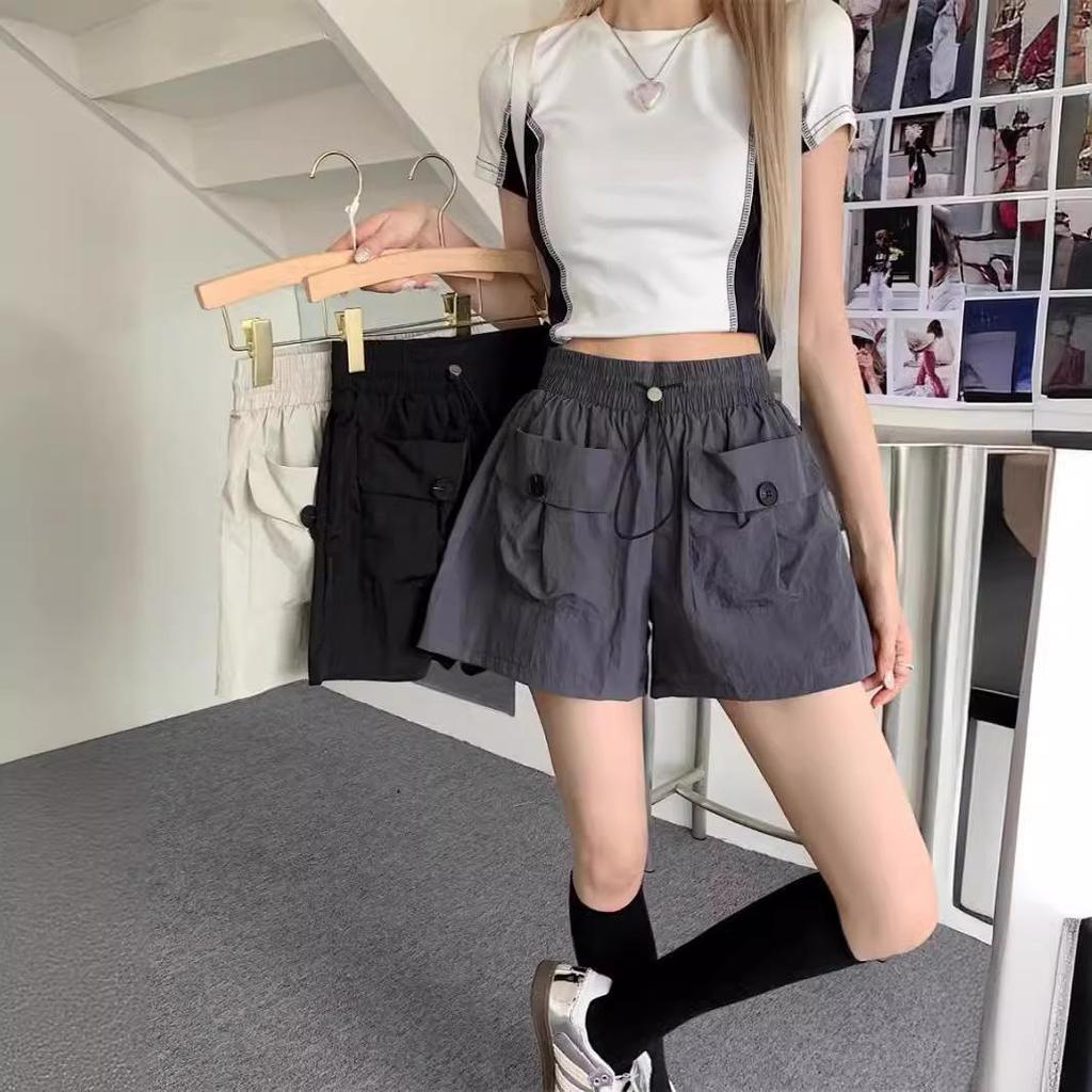Summer 2024 Women's Gray High-Waisted Wide-Leg Casual Shorts with Double Pockets and Drawstring