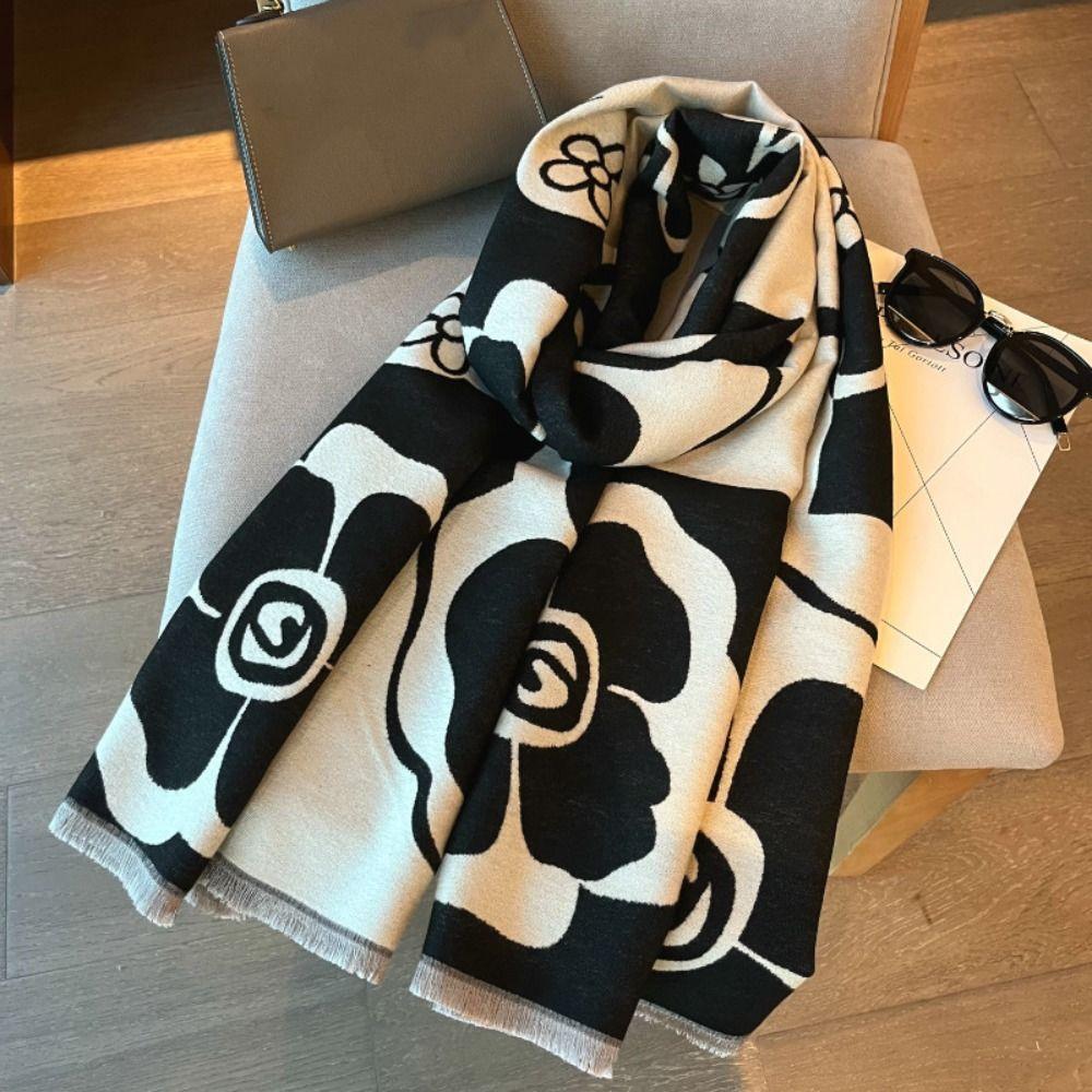 Black White Printed Scarf Camellia Large Wool Shawl Elegant Winter Cashmere Scarves Girl