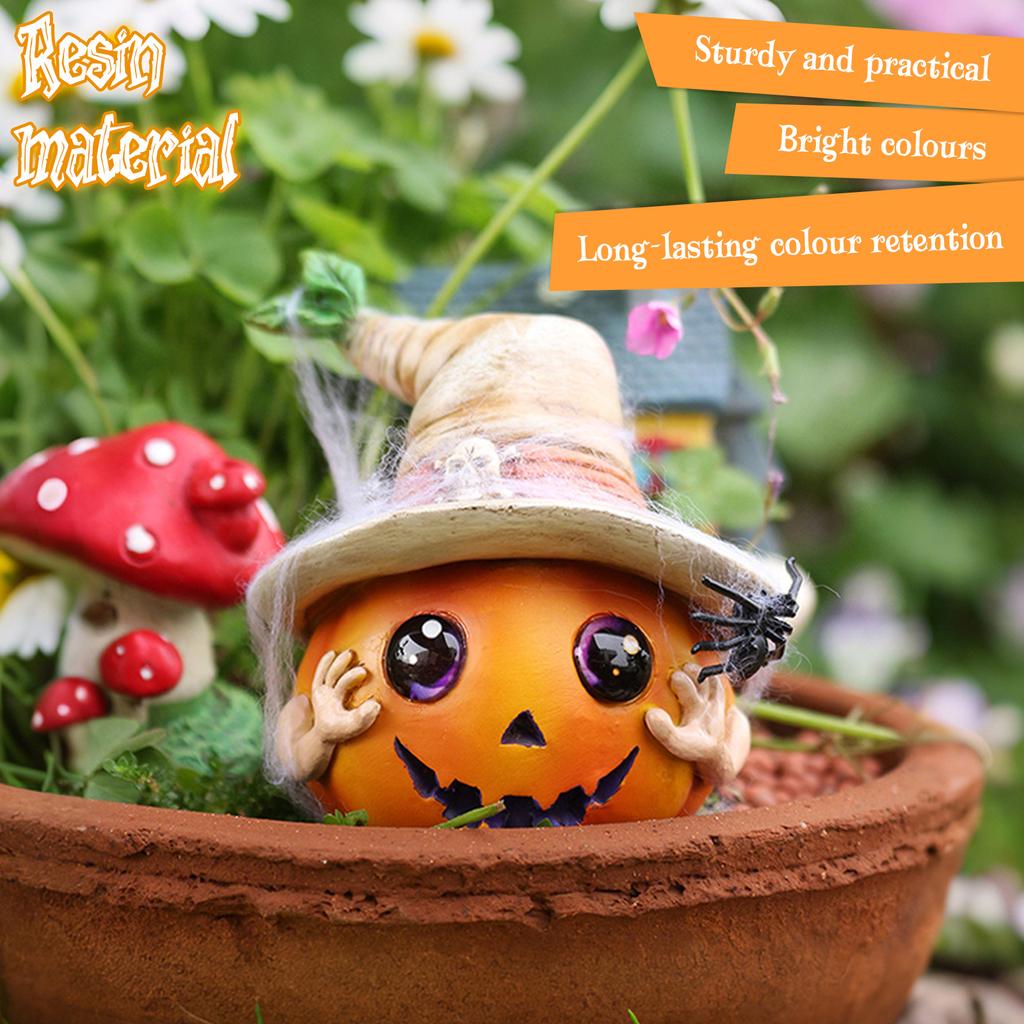 2Pcs Halloween Pumpkin Resin Figurine Horror Hat Ghost Craft Home Decoration Pumpkin Garden Statue for Home Living Room Outdoor