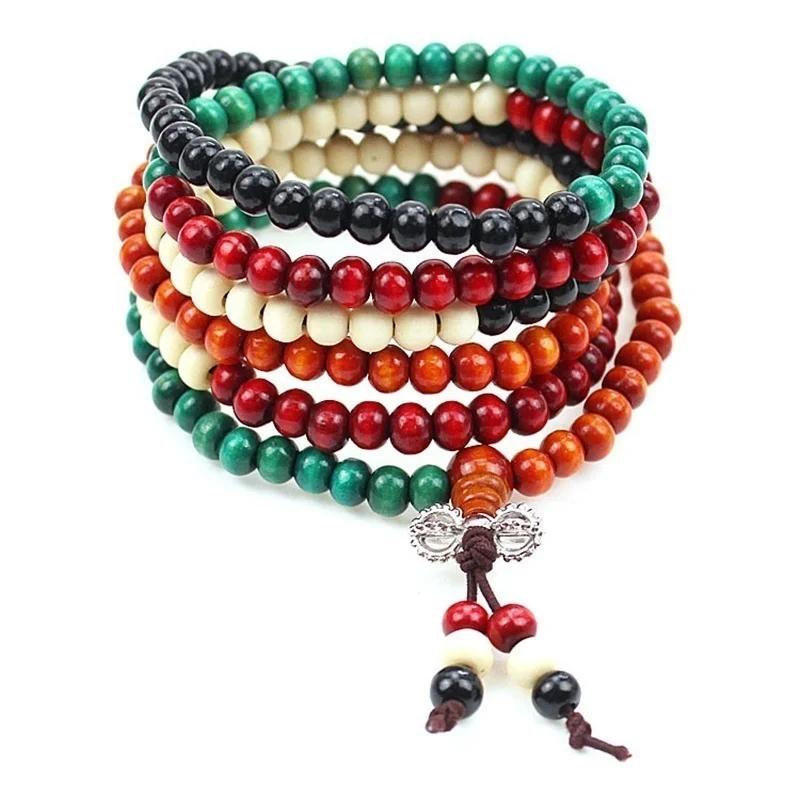 Multicolor Tibetan Buddha Sandalwood Wooden Buddhist Prayer Beads Faith Meditation Unisex Men Women Bracelets