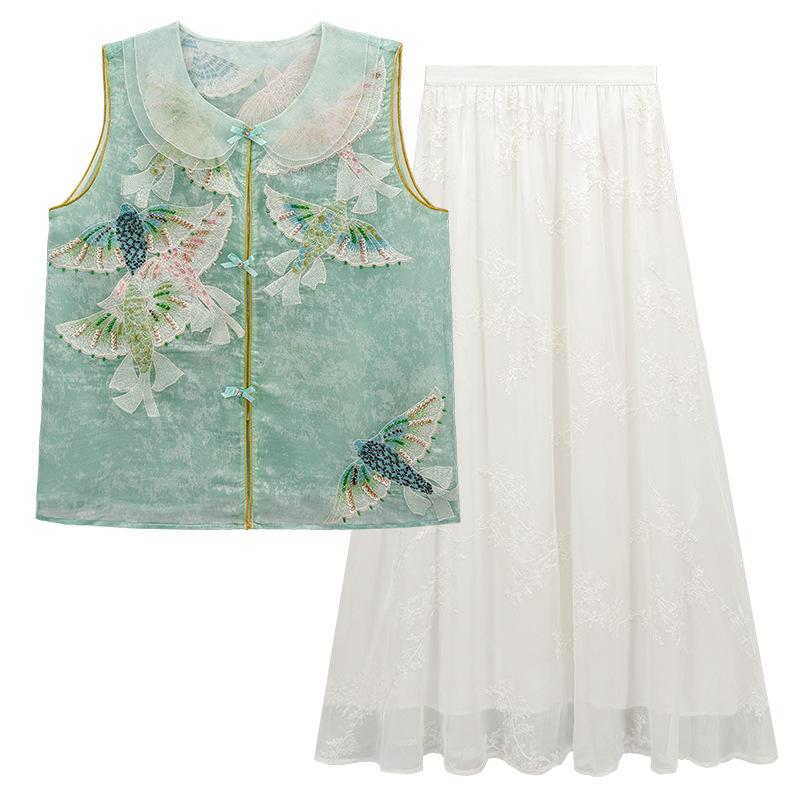 Летний Элегантный Новый Новый Китайский Стиль Тяжелая Вышивка Ремесло Национальный Стиль Без Рукавов Дизайн Жилет + Юбка Комплект для Женщин P1111