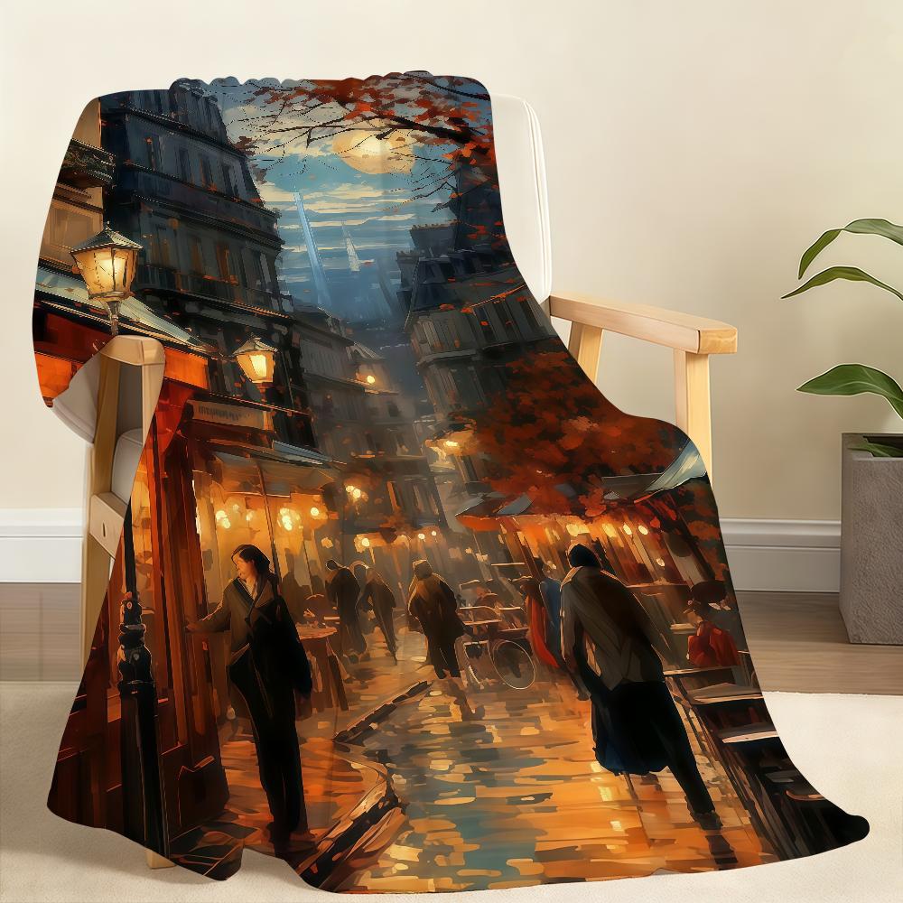 Asian city night scene illustration Blanket For Soft Throw Blanket for Picnic Bed Sofa Home Bedroom Cozy Warm Comfortable