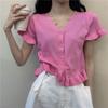 Spring Clothing Korean Version V-neck Lace Short Sleeved Knitted Sweater for Women, Slim Fit Short Cardigan Top for Outerwear