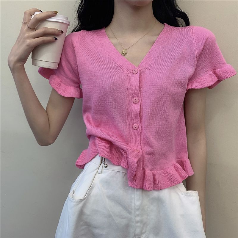 Spring Clothing Korean Version V-neck Lace Short Sleeved Knitted Sweater for Women, Slim Fit Short Cardigan Top for Outerwear