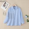 Women Stripe Print Casual Turn Down Collar 3/4 Sleeve Blouse