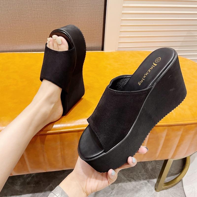 Туфли на очень высоком каблуке 10 см из искусственной кожи, черные женские туфли, лето 2024 г., босоножки на танкетке с открытым носком и каблуком-платформой