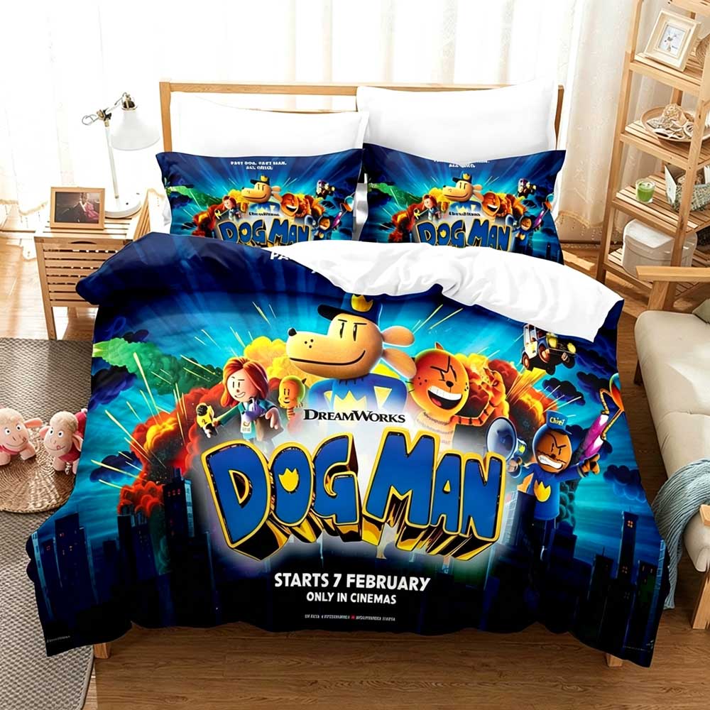 DOG MAN Милый Мультяшный Узор Комплект Постельного Белья Комплект Пододеяльника Односпальная Двуспальная Кровать Кровать King Size Комплект Постельного Белья Для Взрослых Детской Спальни Аниме Комплект Простыней