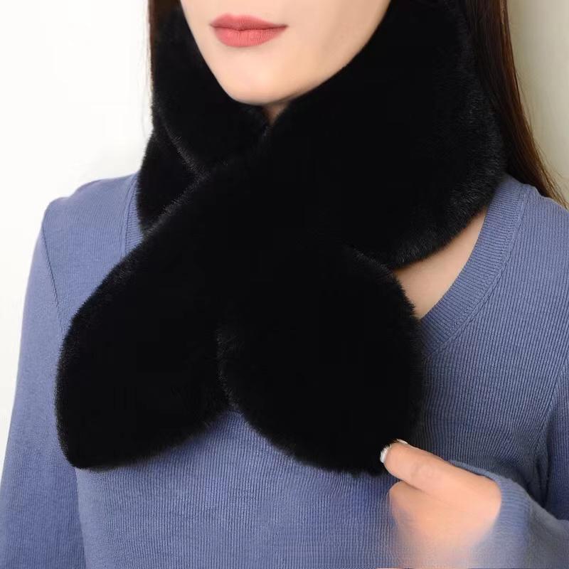 Милый однотонный шарф с крестиком из искусственного меха кролика, плюшевый утолщенный шейный шарф, шаль для девочек, зимний теплый утолщенный шарф с крестиком