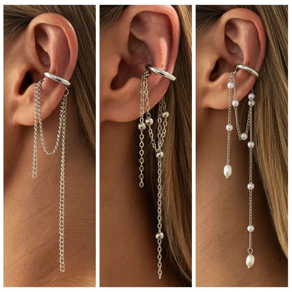 Long Tassel Chain Ear Clip Pearl Metal Chain Ear Cuff Minimalist Design Clip Earrings For Women