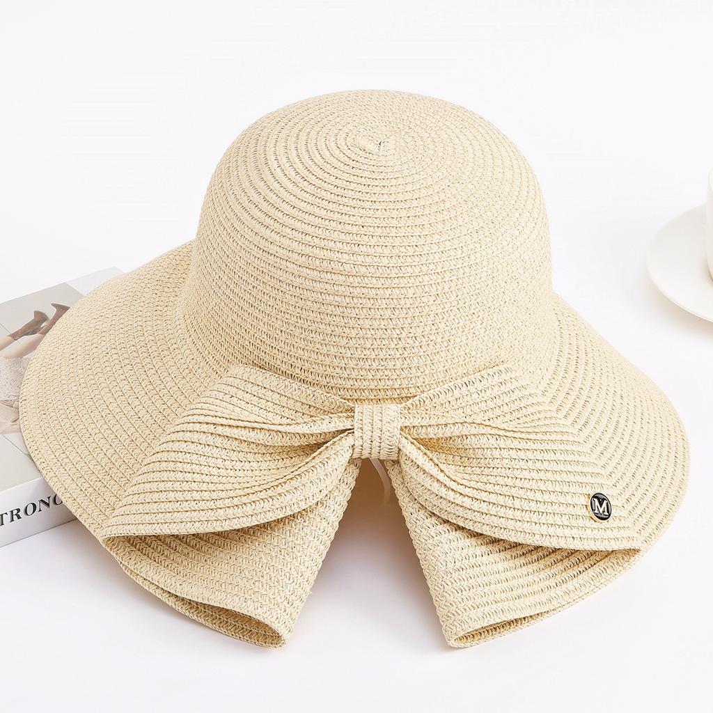 Women's Large Brimmed Summer Foldable Bow Woven Hat for Sun Protection and UV Protection, Fashionable and Versatile Sun Hat