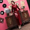 2025 Velvet Rhinestone Embroidered Cheongsam with Slim Fit and Three-Quarter Sleeves