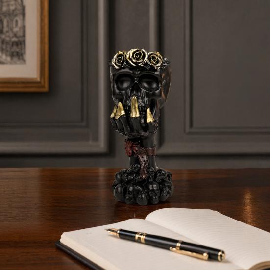 yangyizhi Hear No Evil, Speak See Evil Skull Vase, Resin Ornament with Rose Decor, Halloween Gothic Skeleton Display for Shelf Desk Altar, Horror