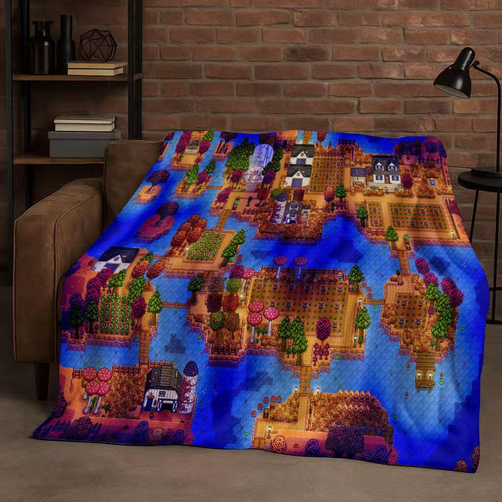 Retro Stardew Valley Farm Map Pixel Game Flannel Blanket,Ultra Soft Warm Plush Throw for Home Bedroom Bed Sofa Cover Kids Gift