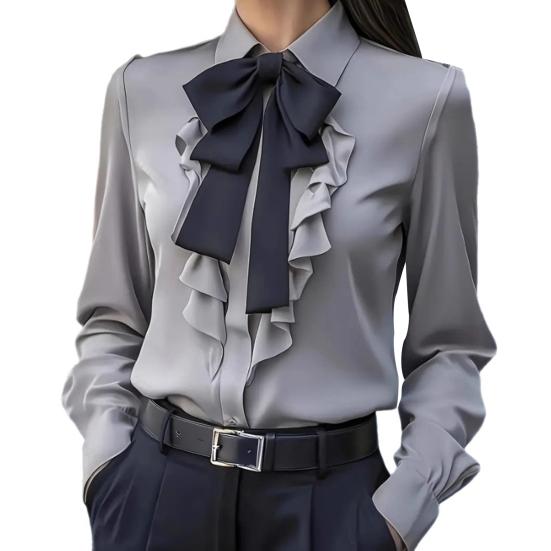 Осенняя женская рубашка с лацканами, бантом и оборками, с длинным рукавом, топы, застежка на пуговицы, универсальная посадка, рубашка для повседневной носки