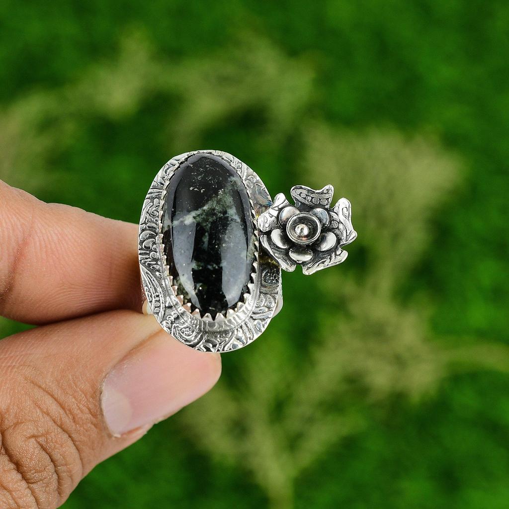 Natural Star Galaxy Jasper Gemstone Stackable Flower Ring Size 7 925 Silver