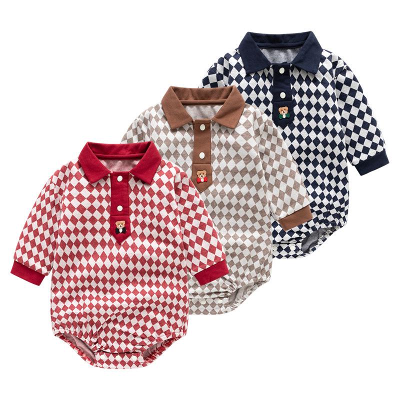 Boys Girls Plaid Onesie Newborn Long Sleeved Romper Soft Comfort Newborn Clothing