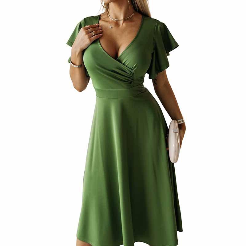 YYFS Женские модные летние весенние однотонные повседневные платья с v-образным вырезом и короткими рукавами и высокой талией