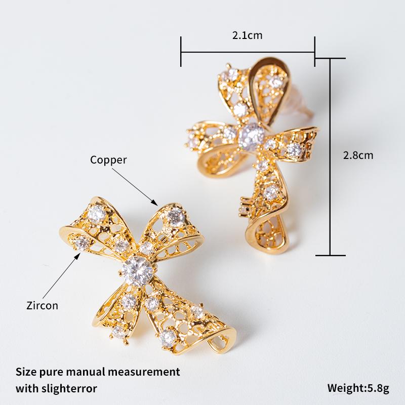 Luxury Hollow Bowknot Stud Earrings Copper 18K Gold Plated Cubic Zirconia Bow Earrings Trendy Women Party Jewelry