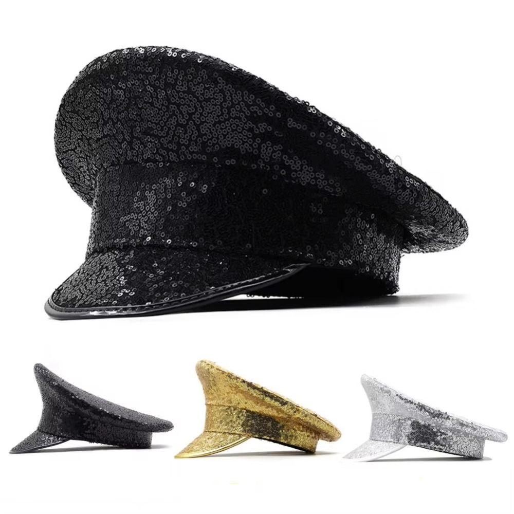 PU Leather Embellished Hat Shiny Captain Cap Fashion Sequin Flat Top Hat Festival Events