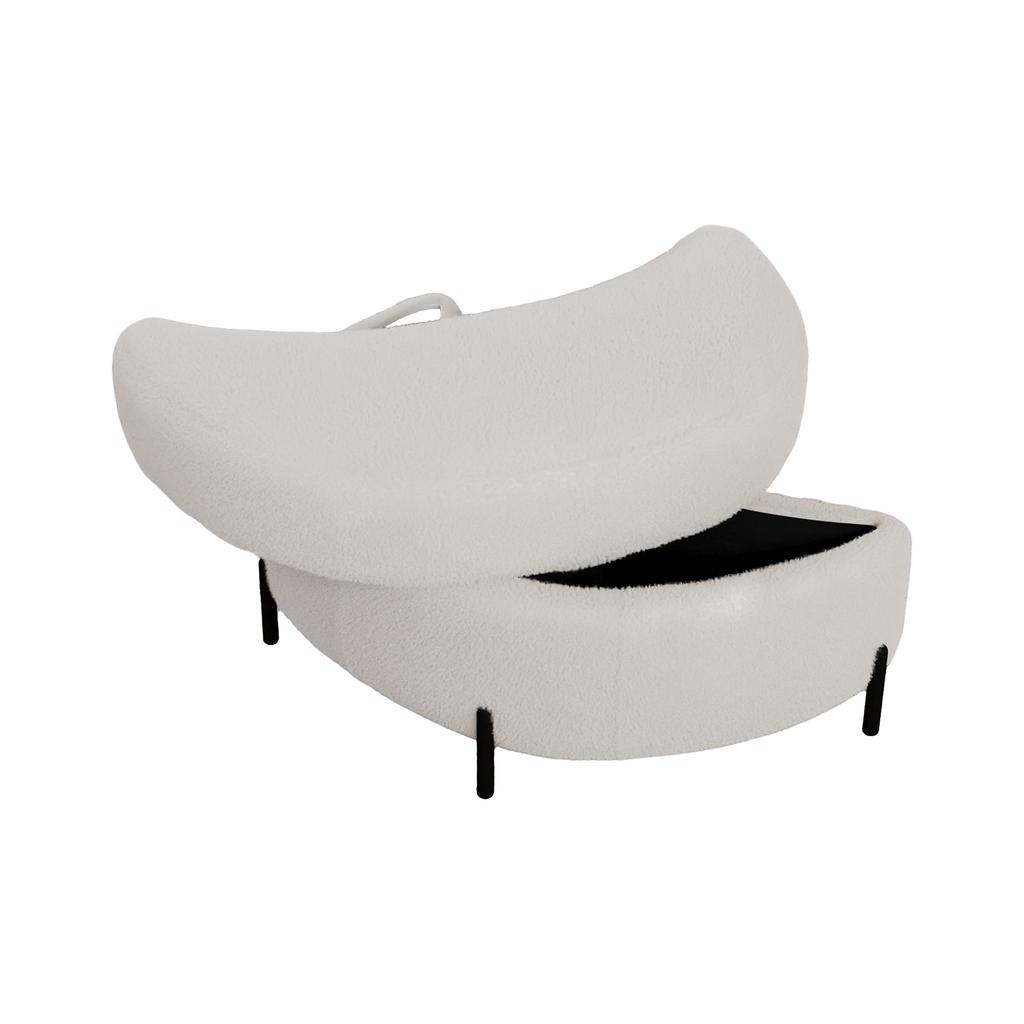 Sherpa-Covered Half-Moon Storage Stool with Tray, Padded Seat, Dressing & Shoe Stool and Footrest for Living Room, Entryway & Hallway, Ivory
