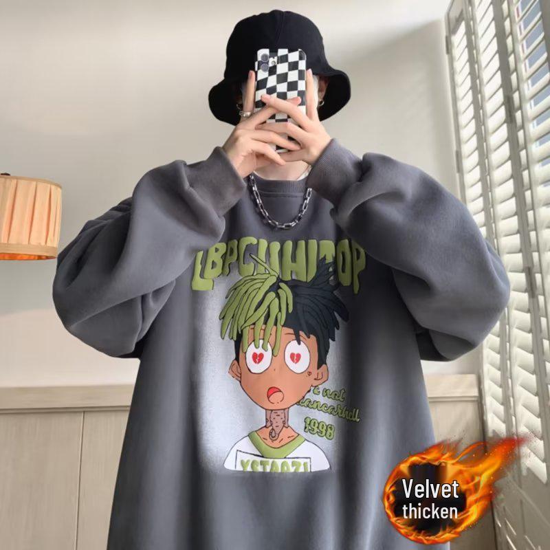 Мужская американская мультяшная толстовка Hip Hop с начесом, утепленная, с круглым вырезом, осенне-зимняя верхняя одежда