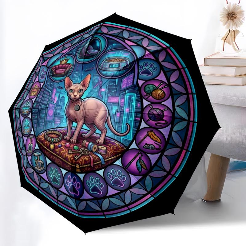 Cyberpunk Cat Mandala pattern umbrella, portable and foldable design, 8 ribs, a casual accessory for Halloween, Christmas, and birthday gifts.