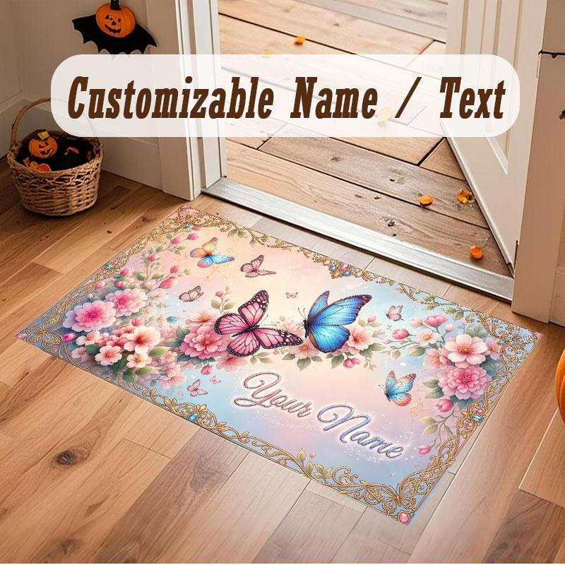 Butterfly Theme Crystal Velvet Floor Rug Personalized Custom Name Text Warm Carpet Home Decoration