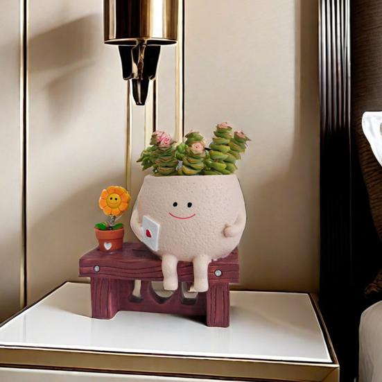 Sunflower Smiling Face Planter Pot Resin Cartoon Head Flowerpot Indoor Outdoor Cactus Succulent Plants Container