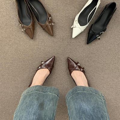 Туфли на высоком каблуке с пряжкой на ремне, весна-лето 2024 г., французские новые туфли с заостренным носком, легкий толстый каблук, удобные туфли из мягкой кожи на низком каблуке