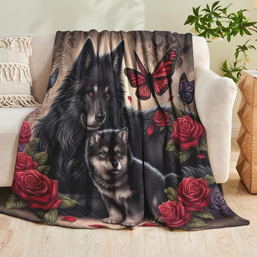 1pc Printed Blanket Aesthetic Art Print Blanket Black Wolf And Cub Red Rose Butterfly Pattern Soft Cozy Home Decor Throw for Bedroom Sofa All Seasons