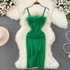 RUGOD Франция сексуальное вязаное клубное платье женское платье без рукавов с разрезом винтажное короткое платье перья монтаж зеленое тонкое платье