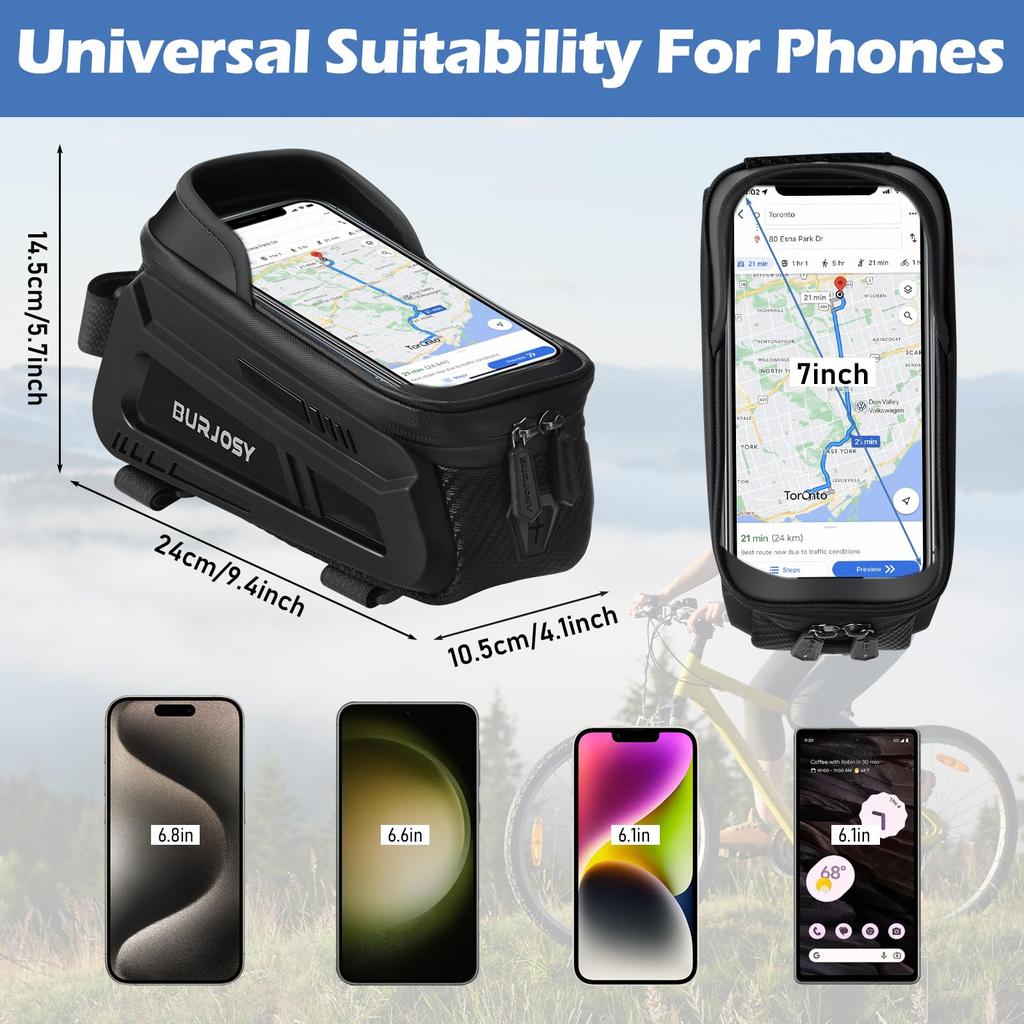 BURJOSY Водонепроницаемая сумка для велосипеда с сенсорным экраном TPU Sun Bicycle Smartphone Велосипедный аксессуар, совместимый с мобильными телефонами до 7 дюймов и козырьком,