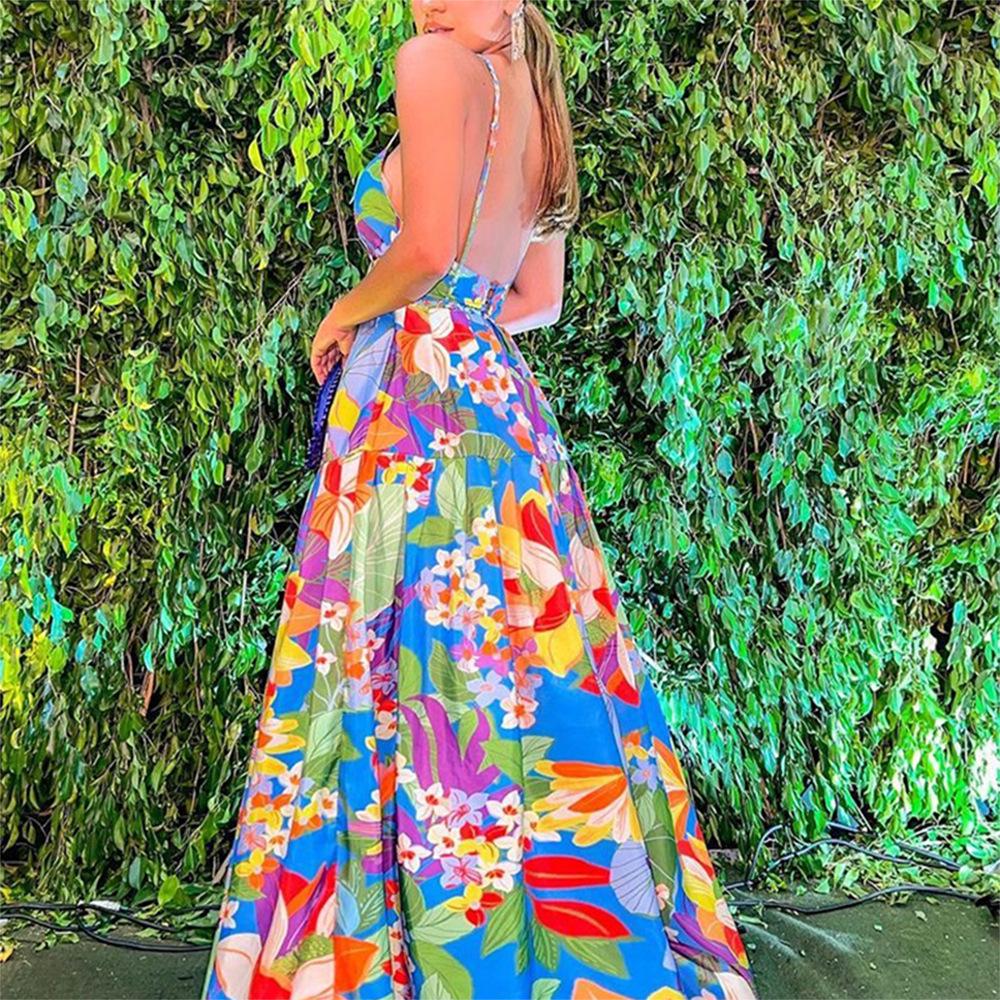 Летнее женское европейское и американское платье макси с открытыми плечами и цветочным принтом 2025 года