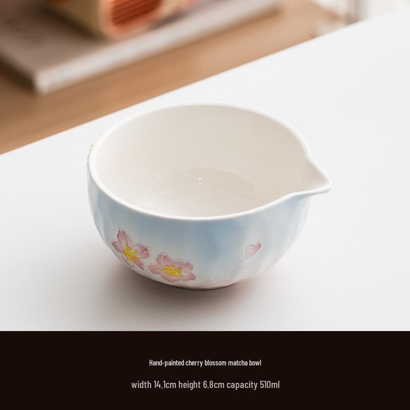 Handmade Japanese Cherry Blossom Matcha Bowl with Whisking Tool, Imitation Song Dynasty Tea Stirrer, and Hyakuhon-date Chasen Stand