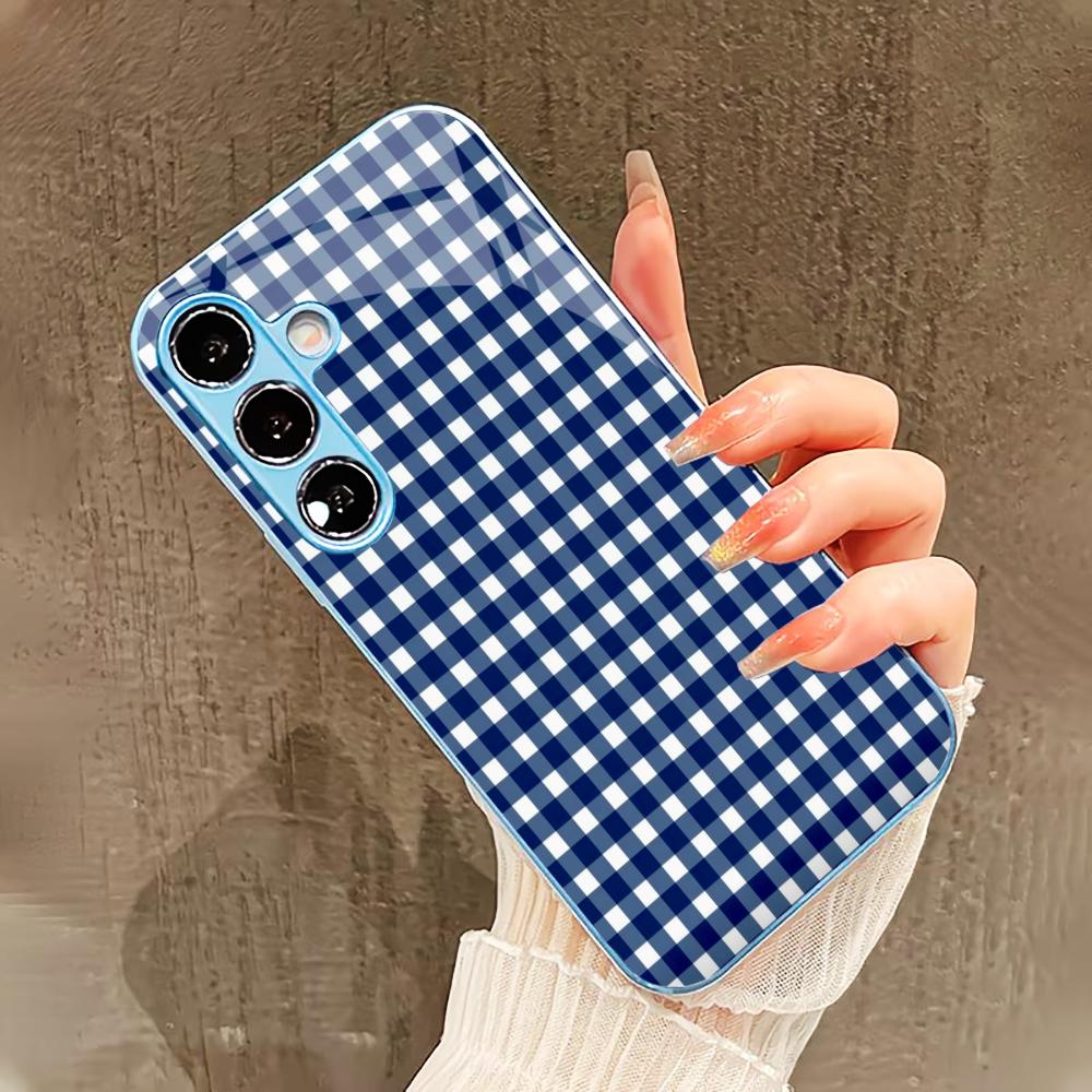 Сине-белая мелкая клетка Чехол для телефона для Samsung Galaxy S26 S25 S24 S23 S22 FE Ultra Plus Встроенное стекло ощущение голой панели Мужчины женщины