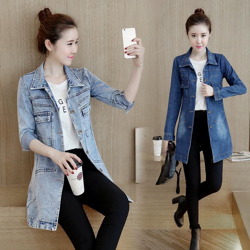 Korean Long Sleeved Denim Jacket for Women's Slim Fit Single Breasted Mid Length Windbreaker Top