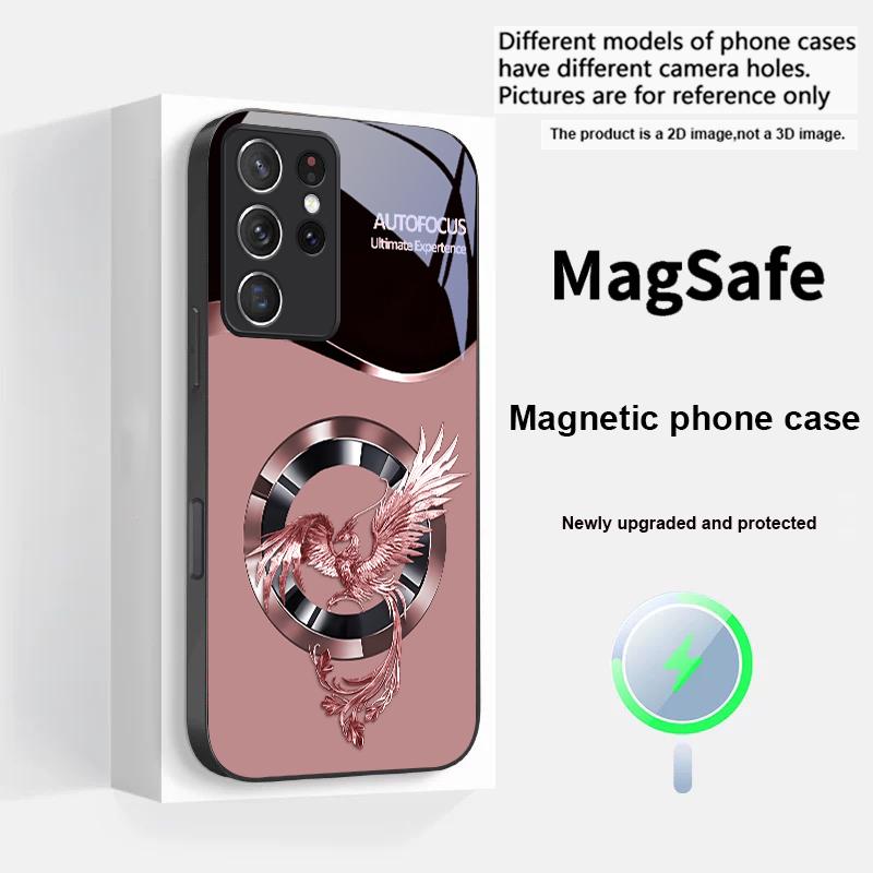 Красивый Розовый Феникс Для Samsung S25 S25 Edge S25Ultra S8 9 10 20 S21 Pro S22 Plus S23 FE S24 Ultra Magsafe Стеклянный Чехол для Телефона