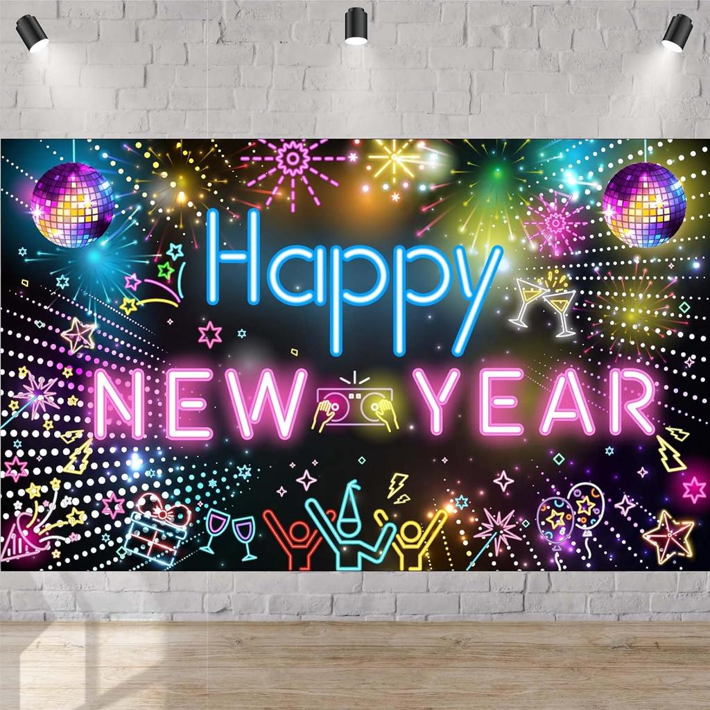 Neon Happy New Year 2026 Banner - Large Colorful Disco Theme Party Backdrop with Hanging Rope - New Years Eve Party Supplies 2026 - Holiday Photo
