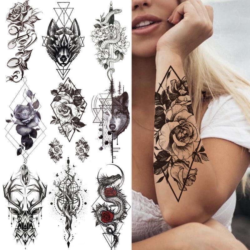 1 PC 210*114MM Cat Geometry Black Temporary Tattoos For Men Women Black Forest Skull Tiger Wolf Tattoo Sticker Evil Devil Arm Tattoo