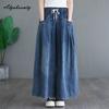 Plus Size Spring Summer Women Blue Jeans Elastic-Waisted Drawstring Wide Leg Denim Trousers Casual Loose Ladies Basic All-Match Jeans