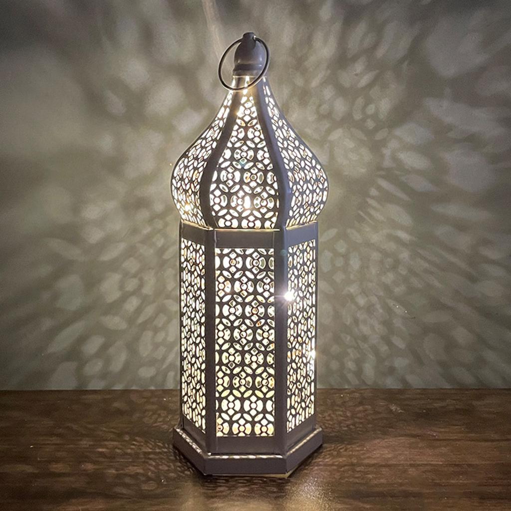 LED Wind Lamp Decorative Moroccan Style LED Iron Lantern with Hollow Pattern for Romantic Room Decoration